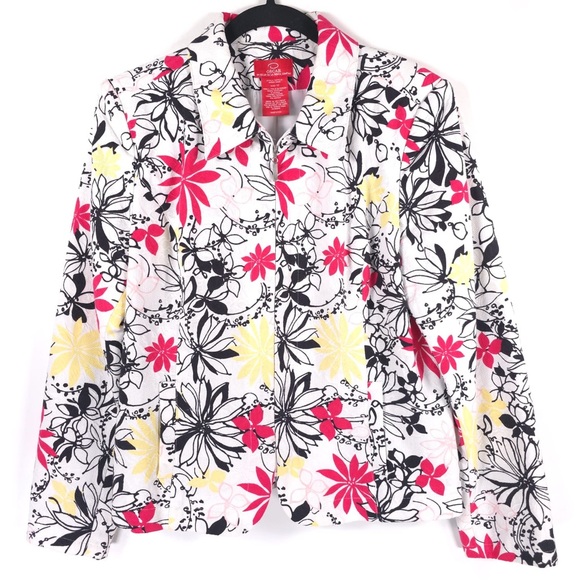 OSCAR DE LA RENTA Full Zip Floral Blazer‎ Jacket Cotton Size 12